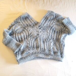 Cellabie Blue Open Stitched V-Neck Fuzzy Sweater